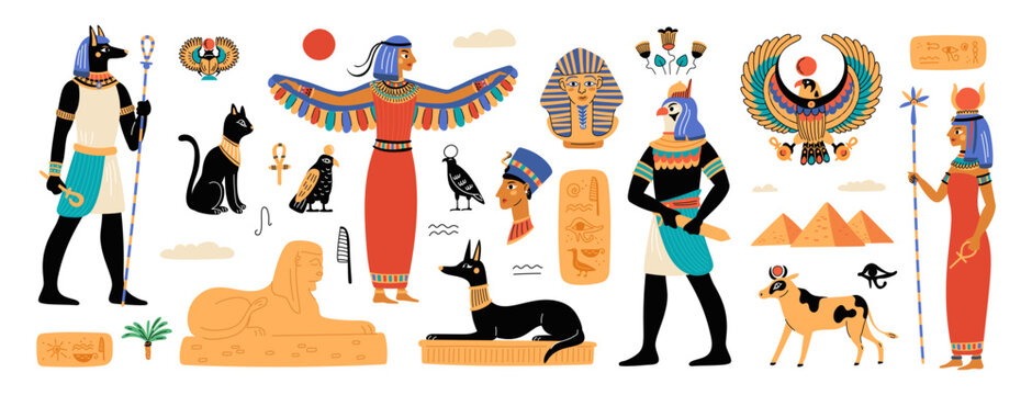 Ancient Egypt elements. Historical and cultural symbols. Religious buildings. Statues and murals. Mysterious civilization. Manuscript hieroglyphs. Gods mythology. Garish vector set