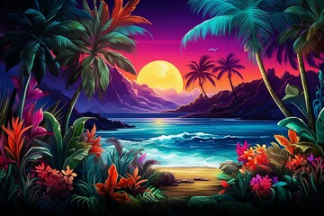 Fototapeta na wymiar Vibrant tropical scene with neon frame, fluorescent leaves, and a summer theme. Generative AI