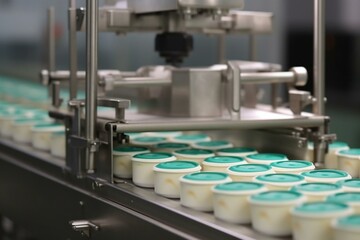 Yogurt packager machine. Food manufacturing, milk processing. Generative AI