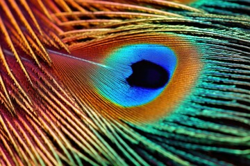 Fototapeta premium macro shot of a vibrant, textured peacock feather