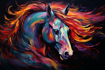 Vibrant horse head artwork on dark backdrop. Full of vibrancy and vitality. Generative AI