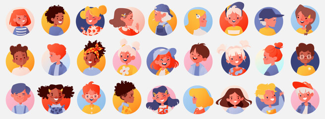 Obraz premium Set of portraits, avatars of children. Modern stylish diverse characters, different nationalities and ages. Smiling boys and girls. Flat cartoon style isolated on white background. 