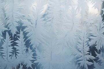 close-up image of a frosted window displaying unique ice crystals