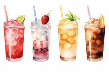Artwork showing watercolor illustrations of beverages for cafe menu. Generative AI - obrazy, fototapety, plakaty