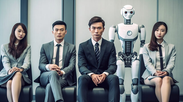 photo of Business people and humanoid AI robot sitting and waiting for a job interview.