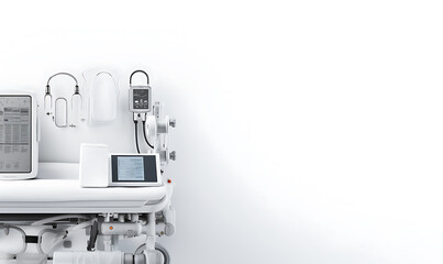 Medical equipment background design view on top, with medical devices, white background, blank space on center, white background
