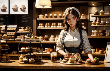 Beautiful asian girl sells in cupcake shop. Anime asian beautiful business owner girl