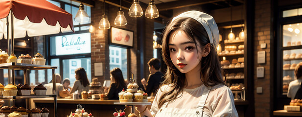 Beautiful asian girl sells in cupcake shop. Anime asian beautiful business owner girl - obrazy, fototapety, plakaty