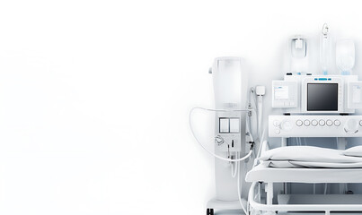 Medical equipment background design view on top, with medical devices, white background, blank space on center, white background