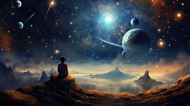 A man sitting on top of a mountain looking at planets