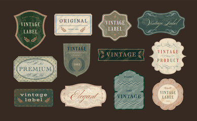 Vintage commerce labels. Old ribbons banner design template with aged paper texture and ornate emblem frame vector set