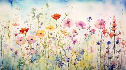 Obraz na płótnie Canvas multi-colored wildflowers in watercolor, field, drawing, summer, delicate flowers