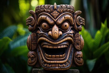 Tiki Mask of some Tribu in the middle of a Tropical Forest. - obrazy, fototapety, plakaty