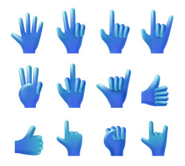 Hand gestures collection. 3D pointed finger gesture, high five or hello waving hand, thumbs up Like and Victory vector illustration set