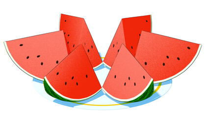 An illustration of six watermelon slices arranged in a circular pattern on a white round plate. The illustration style is clean, simple, and refined.