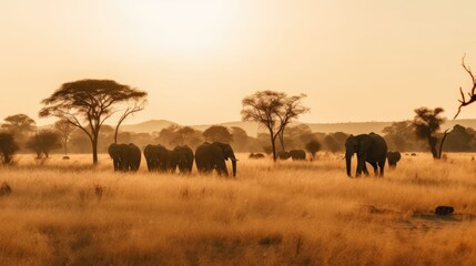 A Herd of Elephants Walking Across a Dry Grass Field at Sunset with the Sun in the Background and a Few Trees in the Foreground, generative ai