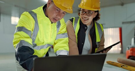 Engineering manager, team planning and laptop at construction site, blueprint design or collaboration meeting. Architecture people talking and teamwork on tablet and computer for building floor plan - Powered by Adobe