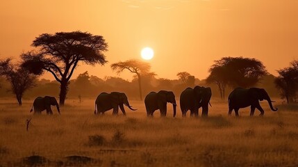 Fototapeta na wymiar A Herd of Elephants Walking Across a Dry Grass Field at Sunset with the Sun in the Background and a Few Trees in the Foreground, generative ai