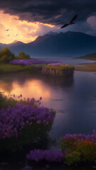 painting of lakeside mountain view, sunset, raging storm, vibrant, rocky riverbank, water hyacinth, cattails, distant flying birds, driftwood - AI Generative