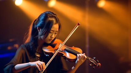 Fototapeta premium A young Asian woman playing violin on stage. Musical concept. telephoto lens realistic dark lighting