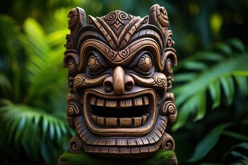 Tiki Mask of some Tribu in the middle of a Tropical Forest. - obrazy, fototapety, plakaty