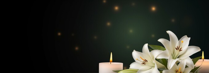 Memorial or grief banner. Beautiful lily and burning candle on black background