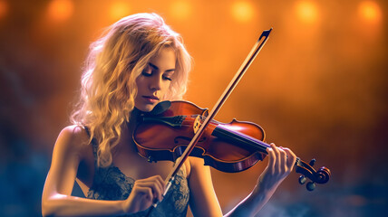 Fototapeta premium photograph of A young woman playing violin on stage. Musical concept.