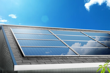 House and solar rooftop with beautiful blue sky and sunlight background