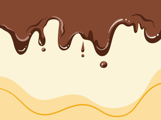 Melted Chocolate drip sauce vector background isolated on abstract yellow colored wallpaper.