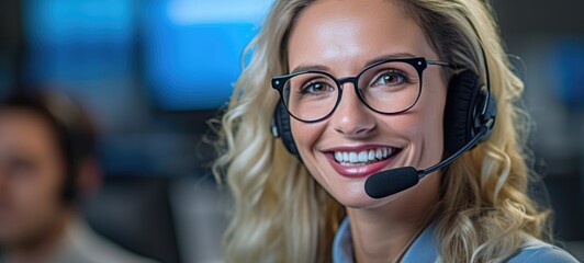 caucasian woman call center customer support with headset, ai