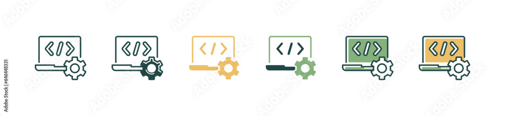 Aufkleber software developer programming icon with laptop and cog gear vector code building management symbol illustration