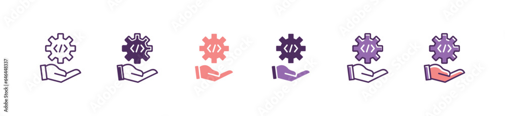 Aufkleber hand with gear development icon vector business programming website and software building set collection office application management design
