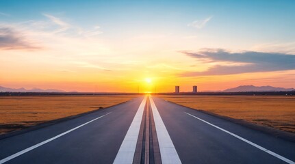 Naklejka premium sunset on the empty long highway road