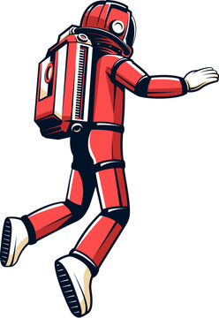 Astronaut in spacesuit is floating. Cosmonaut in red spacesuit - back view. Vector illustration in retro comic style
