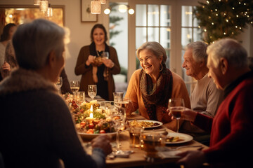 elderly friends gathering for a dinner. Celebrating with loved ones. Christmas and New Year's affairs