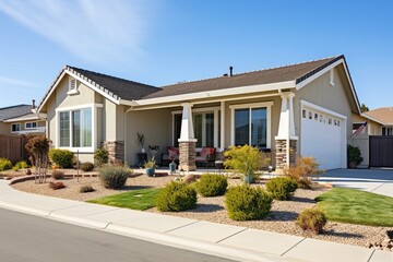 Fototapeta na wymiar Exterior view of a sunny suburban one-level single-family home in Menifee, California, USA. Generative AI