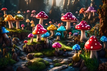 Unreal Engine a colorful otherworldly Tiny Village of Mushroom Monsters - AI Generative