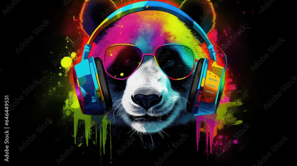 Wall mural colorful panda wearing headphones and sunglasses, generative ai