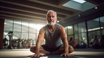Fototapeta na wymiar Fit mature man Embracing Retirement with Positivity Through Yoga