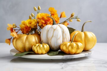 Decorative pumpkins on marble table, fall composition
