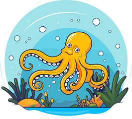 Fototapeta premium Cute Cartoon Octopus Underwater Vector
