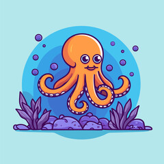 Cute Cartoon Octopus Underwater Vector