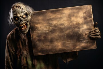 Funny Halloween zombie holding empty Wooden Board Generative AI