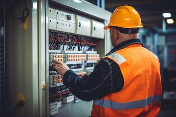 Electrician engineer in hard hat tests electrical installations