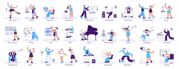 Creative professions. Geometric cartoon musicians, artists and designer characters. Art industry workers isolated vector illustration set
