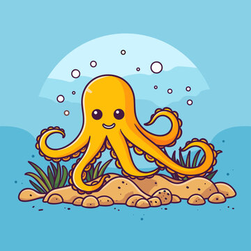 Cute Cartoon Octopus Underwater Vector