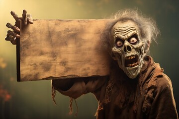 Funny Halloween zombie holding empty Wooden Board Generative AI