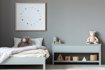 Empty picture frame on gray wall in child or teen room. Contemporary interior. Free space for picture or poster. Bed, sideboard. Cozy room. Generative AI