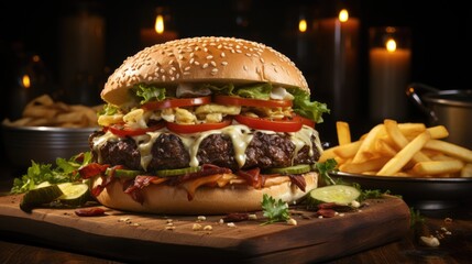 Delicious burger with spicy dispensing fries served on a classic wooden table - obrazy, fototapety, plakaty