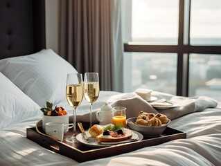 Beautiful cozy breakfast in bed, home bedroom interior with bright morning light, healthy food on decorated tray, weekend meal - obrazy, fototapety, plakaty